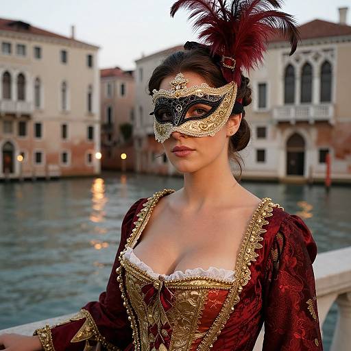 Photograph of a woman in an ornate Venetian masquerade mask, red lace dress with gold embroidery, and feathered headpiece,