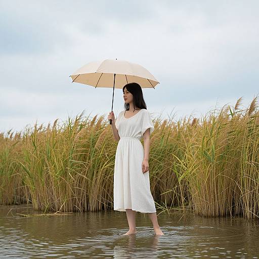 Woman with Umbrella in Reeds