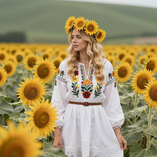 Young Woman in Embroidered Dress with Sunflower Crown