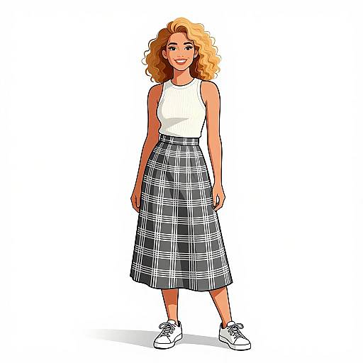 Digital illustration of a smiling blonde woman with curly hair, wearing a white sleeveless top and black plaid midi skirt, white sneakers, standing against a