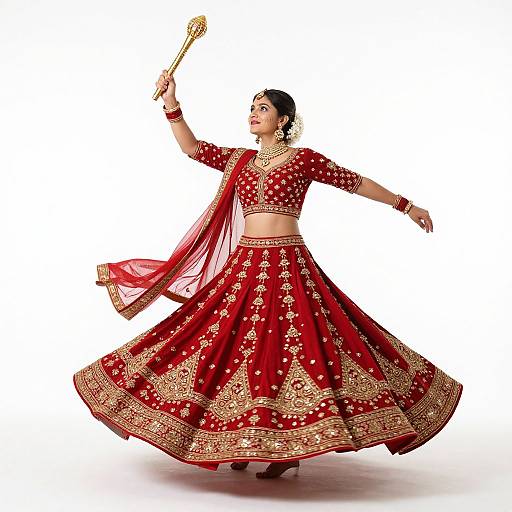 Indian woman in red and gold traditional lehenga, mid-dance pose, holding a golden dupatta in her right hand, white background.