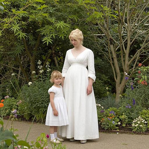 Photograph of a blonde woman in a white long-sleeve dress and a young girl in a white dress, standing in a lush, colorful garden