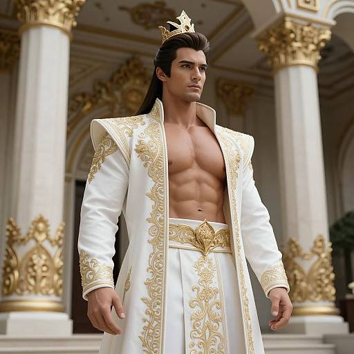 Regal male mannequin in ornate white and gold robe