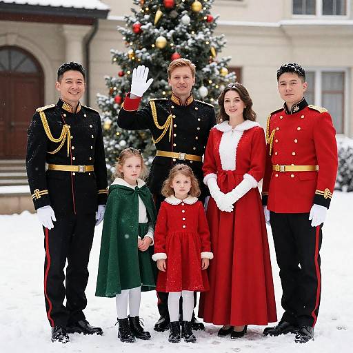 Family in Holiday Military Uniforms and Festive Dresses by Christmas Tree