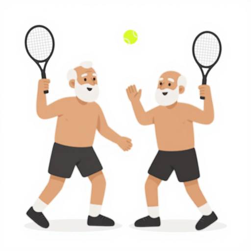 Digital illustration of two bald, bearded men playing tennis, both shirtless in black shorts and shoes, holding racquets, with a yellow ball in