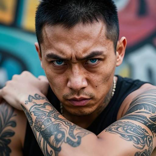 Photograph of a tattooed, short-haired, blue-eyed man with intense gaze, crossed arms, and black sleeveless shirt, standing against a blurred