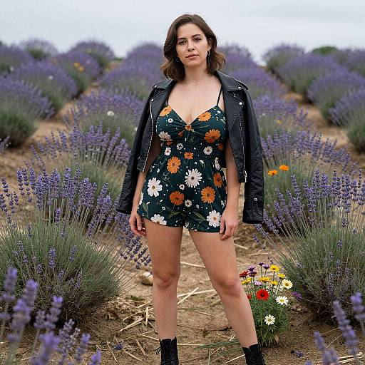 Woman in Floral Romper in Lavender Field