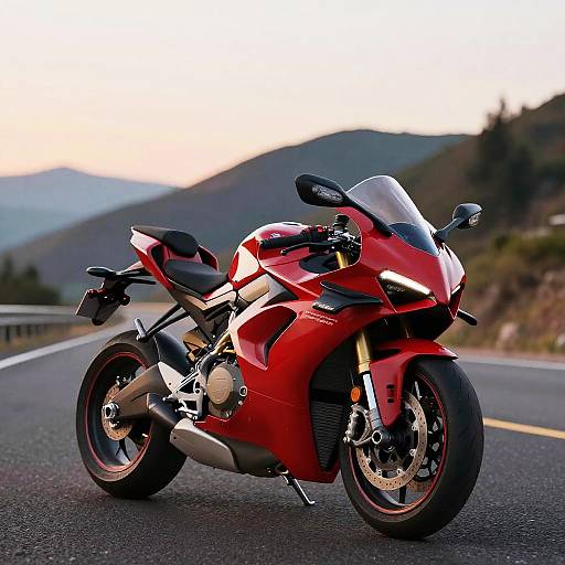 Photograph of a sleek, red sports motorcycle with a clear windshield, parked on a mountain road during sunset, with blurred hills in the background.