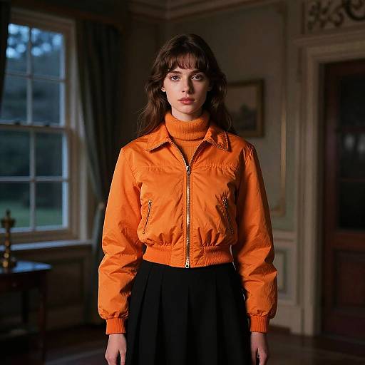Young Woman in Orange Jacket Indoors