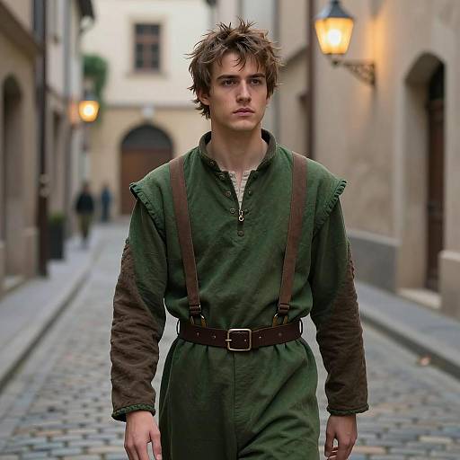 Young man in medieval costume on cobblestone street