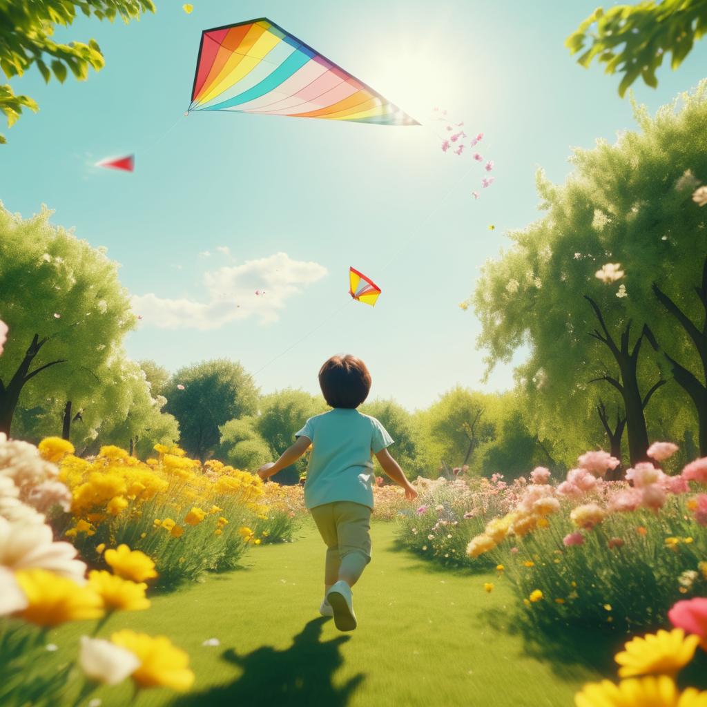 Child Flying Kite in Blooming Park