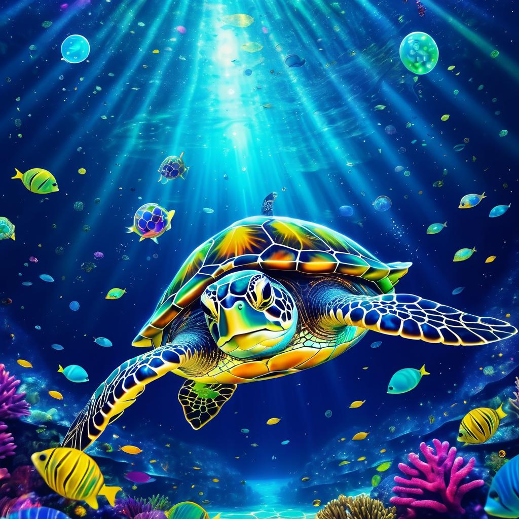 Surreal Turtle Swimming in Vibrant Ocean