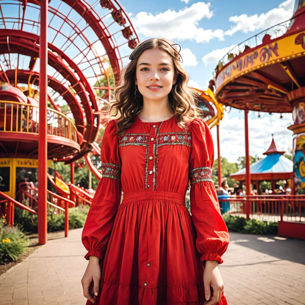 Adventurous Teen in Red Dress at Amusement Park