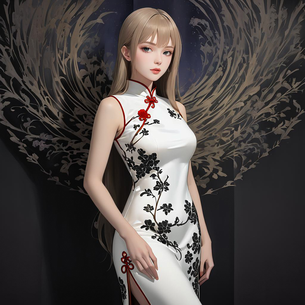 Elegant Woman in White Floral Cheongsam