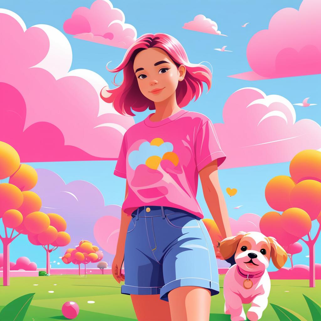 Playful Girl and Puppy in Vector Style