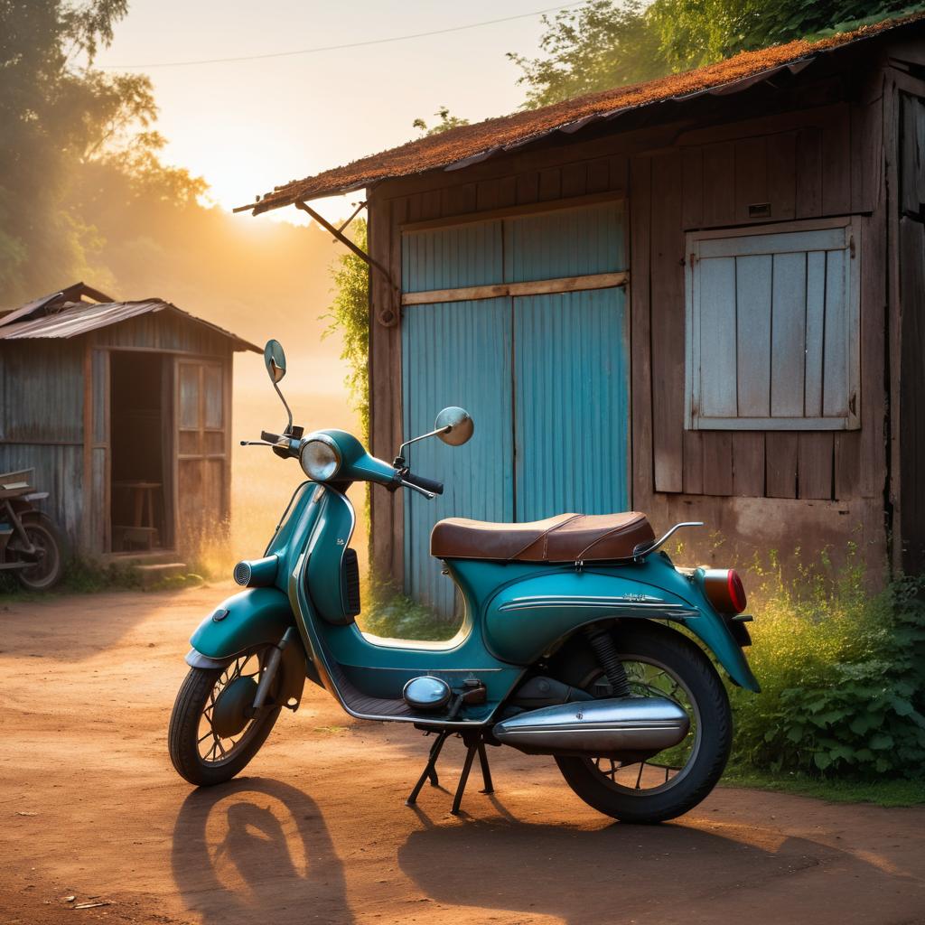 Nostalgic Moped by a Rustic Shack