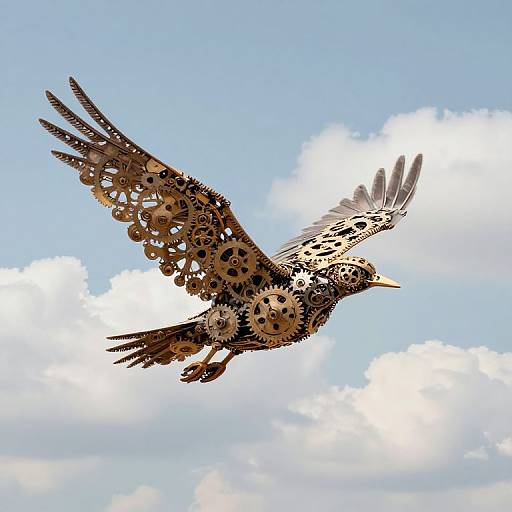 Digital artwork of a bird with mechanical wings made of gears and cogs, soaring against a bright blue sky with fluffy white clouds.