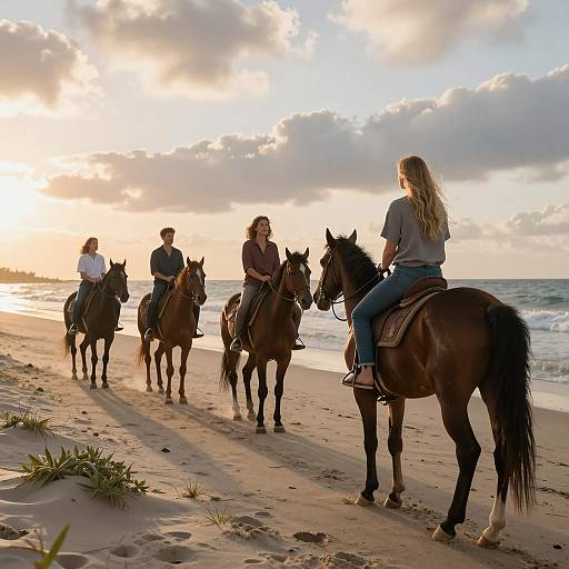 Group Horseback Riding on Beach at Sunset
