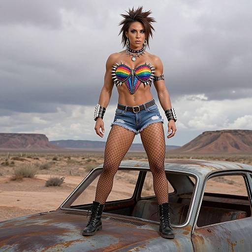 Muscular woman with spiky hair, colorful feathered top, denim shorts, fishnet stockings, and black boots, stands confidently on rusted car