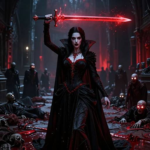 Dark gothic scene: pale woman with black dress and cape holds glowing red sword over fallen, bloodied zombies in dimly lit cathedral. Photoreal