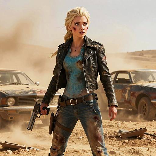 Digital art of a fierce blonde woman in a leather jacket, blue top, and jeans, holding a gun in a dusty, war-torn desert with