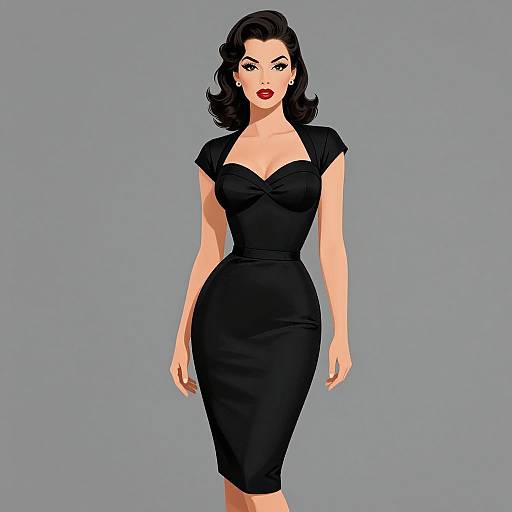 Digital illustration of a confident woman with wavy black hair, red lipstick, and a form-fitting black dress, standing against a gray background.
