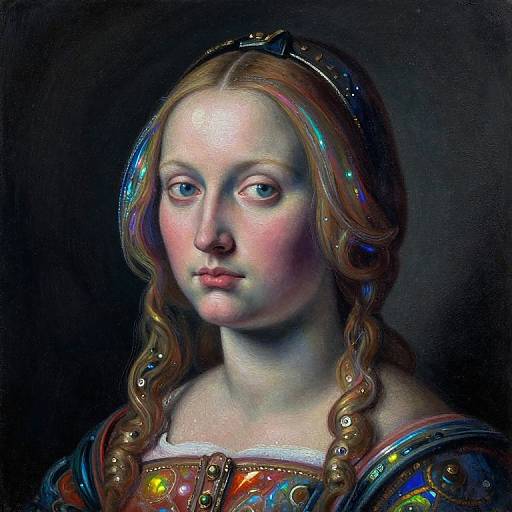 Digital painting of a fair-skinned, red-haired woman with braided hair, wearing colorful, gem-embellished medieval-style attire, against a
