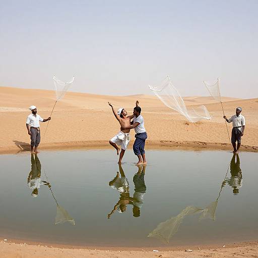 Surreal Fishermen in Desert Oasis
