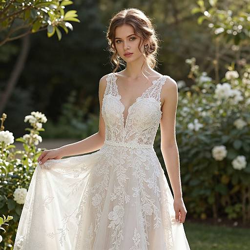 Photograph of a young woman with wavy brown hair in a white, lace-embellished, sleeveless wedding gown, standing in a sun
