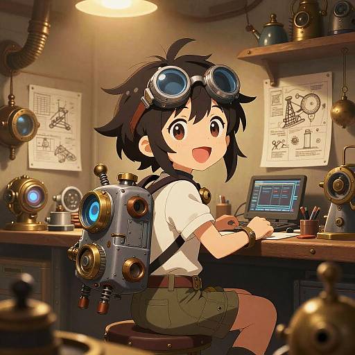 Anime-style drawing of a young boy with black hair, goggles, and a steampunk backpack, sitting at a cluttered workshop desk, smiling,