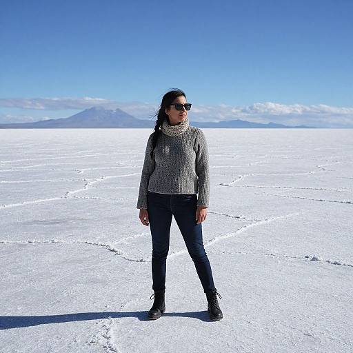 Photograph of a woman with long dark hair, wearing sunglasses, gray knit sweater, black pants, and boots, standing on a vast, snowy,