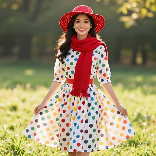 Joyful Woman in Polka Dot Meadow