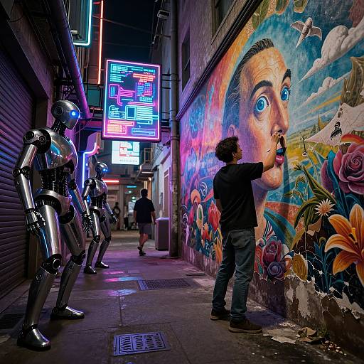 Photograph of a narrow urban alley at night with a man painting a vibrant, colorful mural of a surprised face, flanked by three shiny, robotic