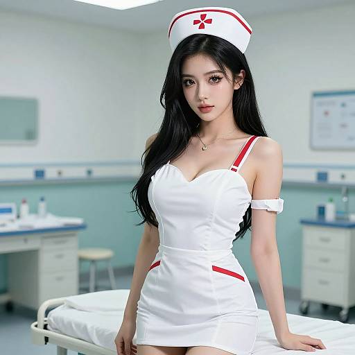 Digital artwork of an East Asian woman with long black hair in a tight, white nurse dress with red stripes and a matching cap, standing in a clinical