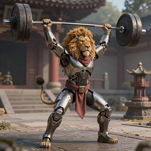 Cybernetic Lion Warrior Weightlifting in Temple