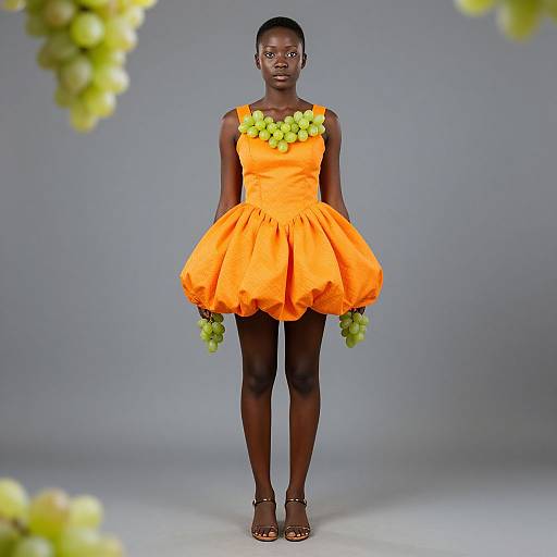 Photograph of a young Black girl in an orange dress with green grape clusters on the bodice and hem, standing against a gray background, with green