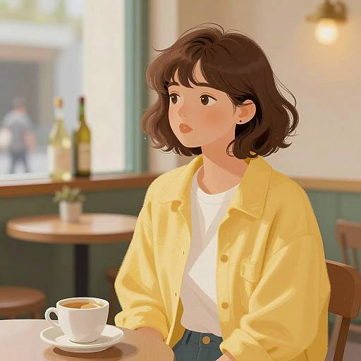 Young Woman in Yellow Jacket at Café