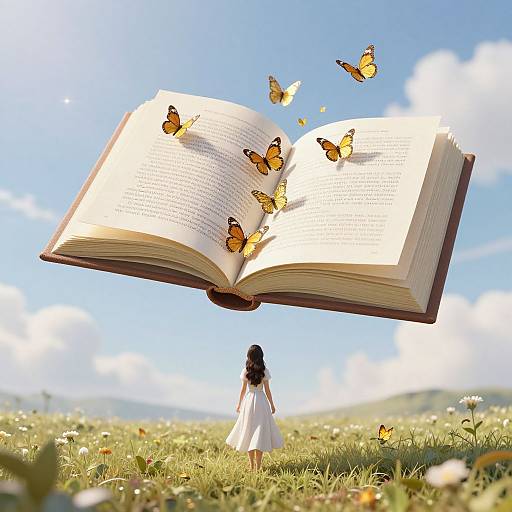 Photograph: A girl in a white dress stands in a sunlit meadow, facing an open, floating book with flying butterflies. Blue sky and