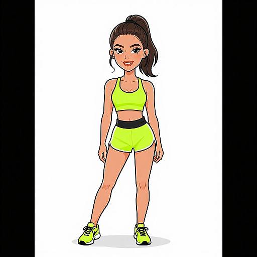 Digital cartoon of a fit, smiling Asian woman with a high ponytail, wearing a neon yellow sports bra, shorts, and shoes.