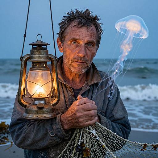 Photograph of a rugged, middle-aged man with messy hair, holding a lit lantern and fishing net, beside a glowing jellyfish at twilight beach.