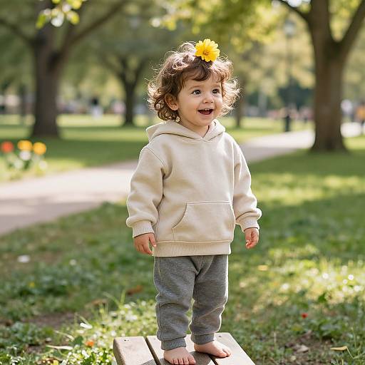 Photograph of a smiling, curly-haired toddler with a yellow flower in hair, wearing a cream hoodie and gray pants, standing barefoot on a wooden