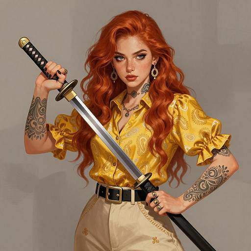 Dynamic Woman with Katana in Abstract Setting