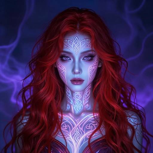 Digital portrait of a woman with glowing blue face paint, red wavy hair, and neon white tribal patterns against a purple, smoky background.
