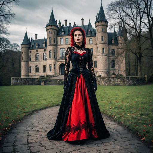 Gothic Woman in Red and Black Dress Near Historic Castle