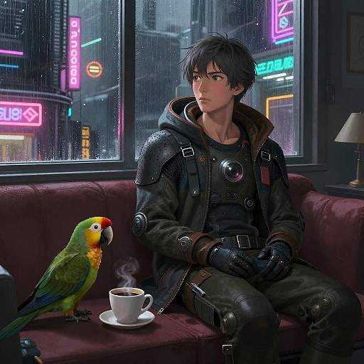 Cozy Cyberpunk Scene with Neon Glow