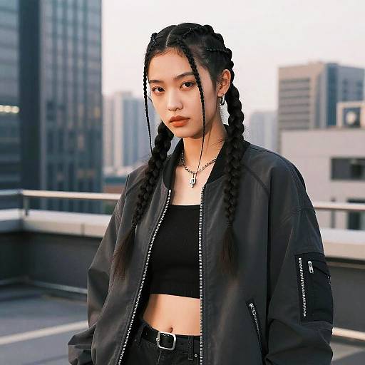 Photograph of an Asian woman with braided hair, wearing a black crop top and jacket, standing on a rooftop with urban buildings in the background,