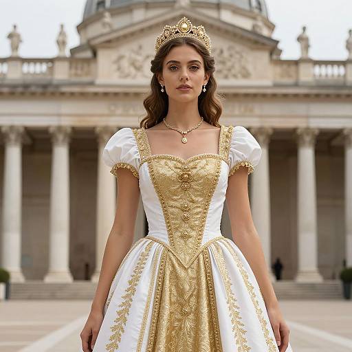 Photorealistic image of a young woman with wavy brown hair, wearing a gold and white ornate princess dress, tiara, and necklace,