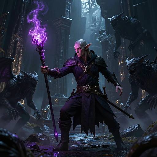 Drow Wizard Battling Shadow Creatures