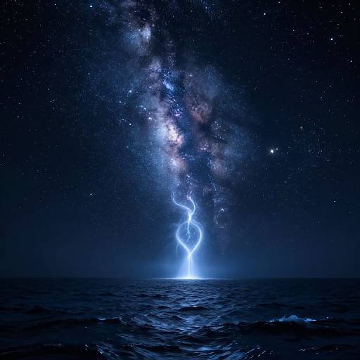 Digital artwork of a cosmic lightning bolt striking the ocean, illuminating the dark, star-filled night sky with the Milky Way galaxy.