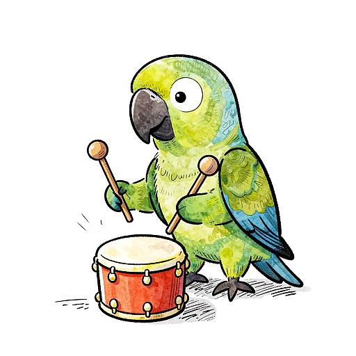 Whimsical Parrot Drummer Illustration